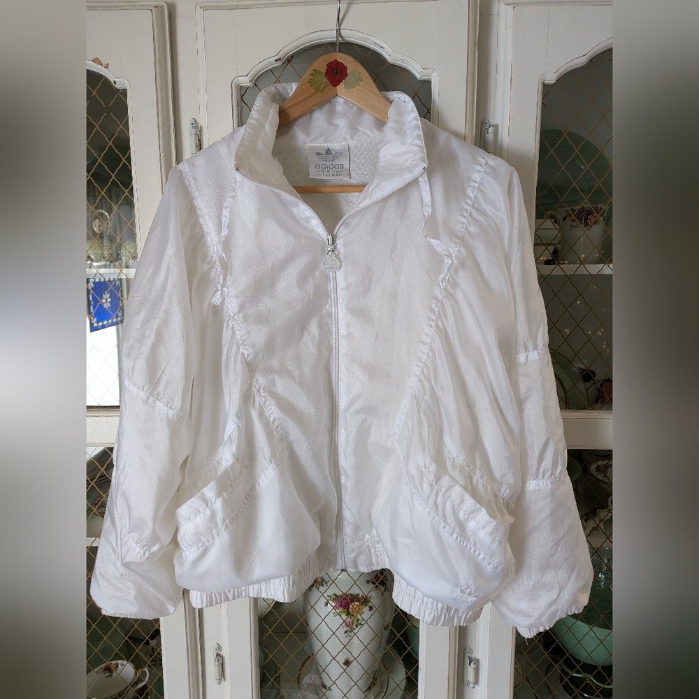 VTG 80s Satin Adidas White Zip Windbreaker Jacket Tennis Track Cheer Summer